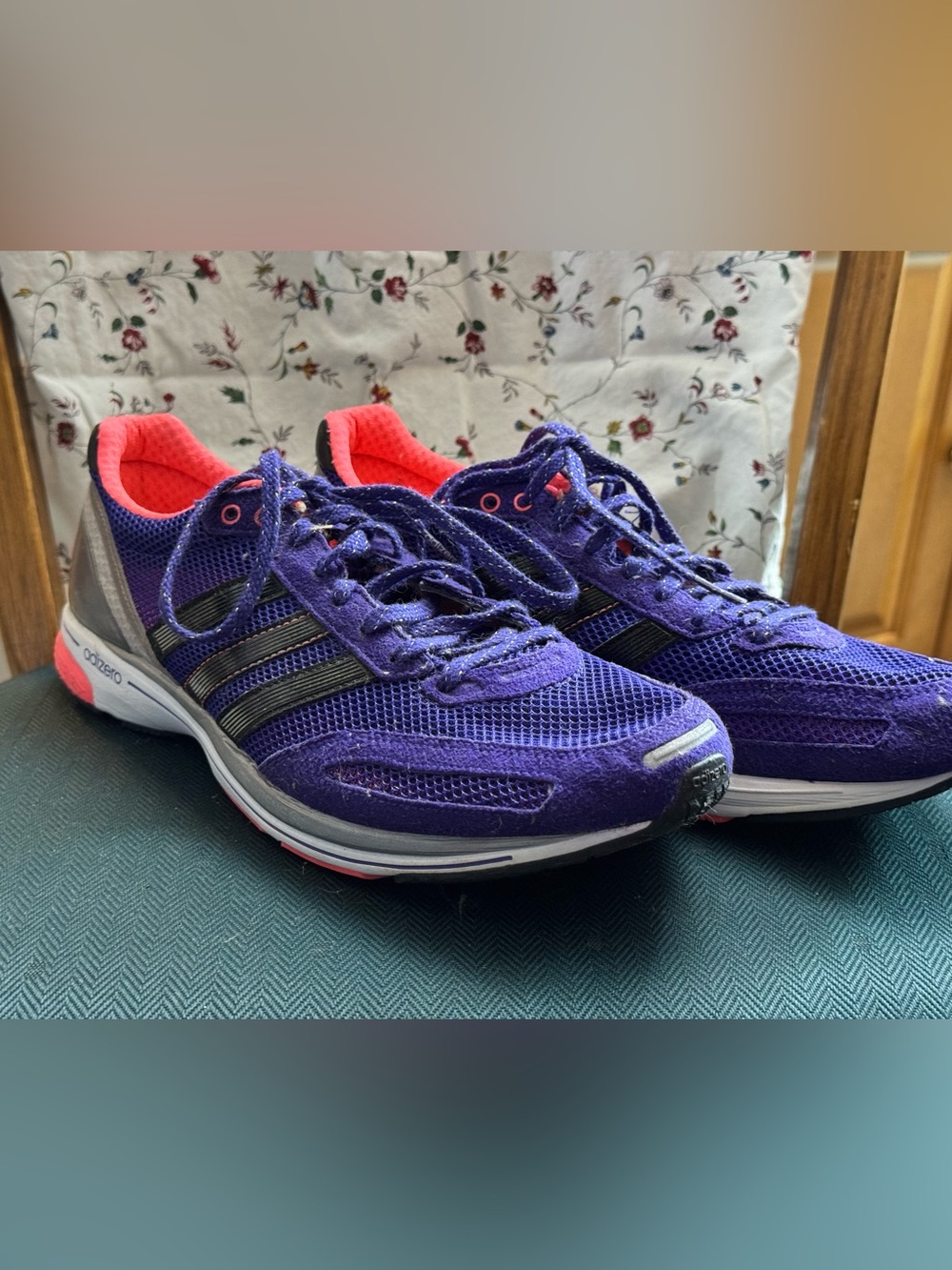 Adidas Adizero Adios in Purple and Coral, size 12M